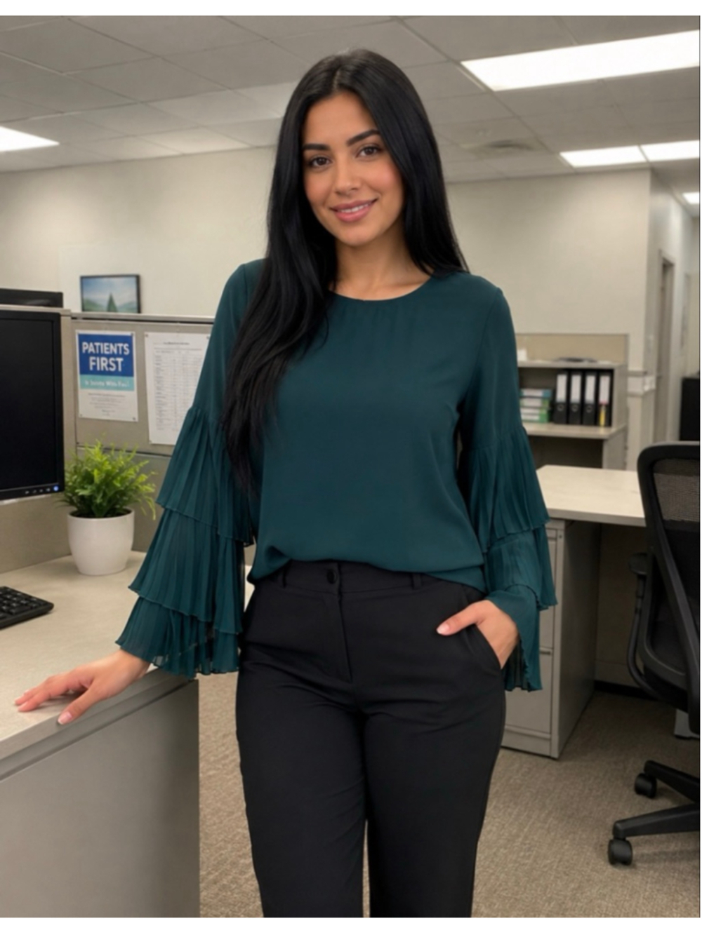 Women's 1.STATE Teal Pleated Bell Sleeve Blouse S
